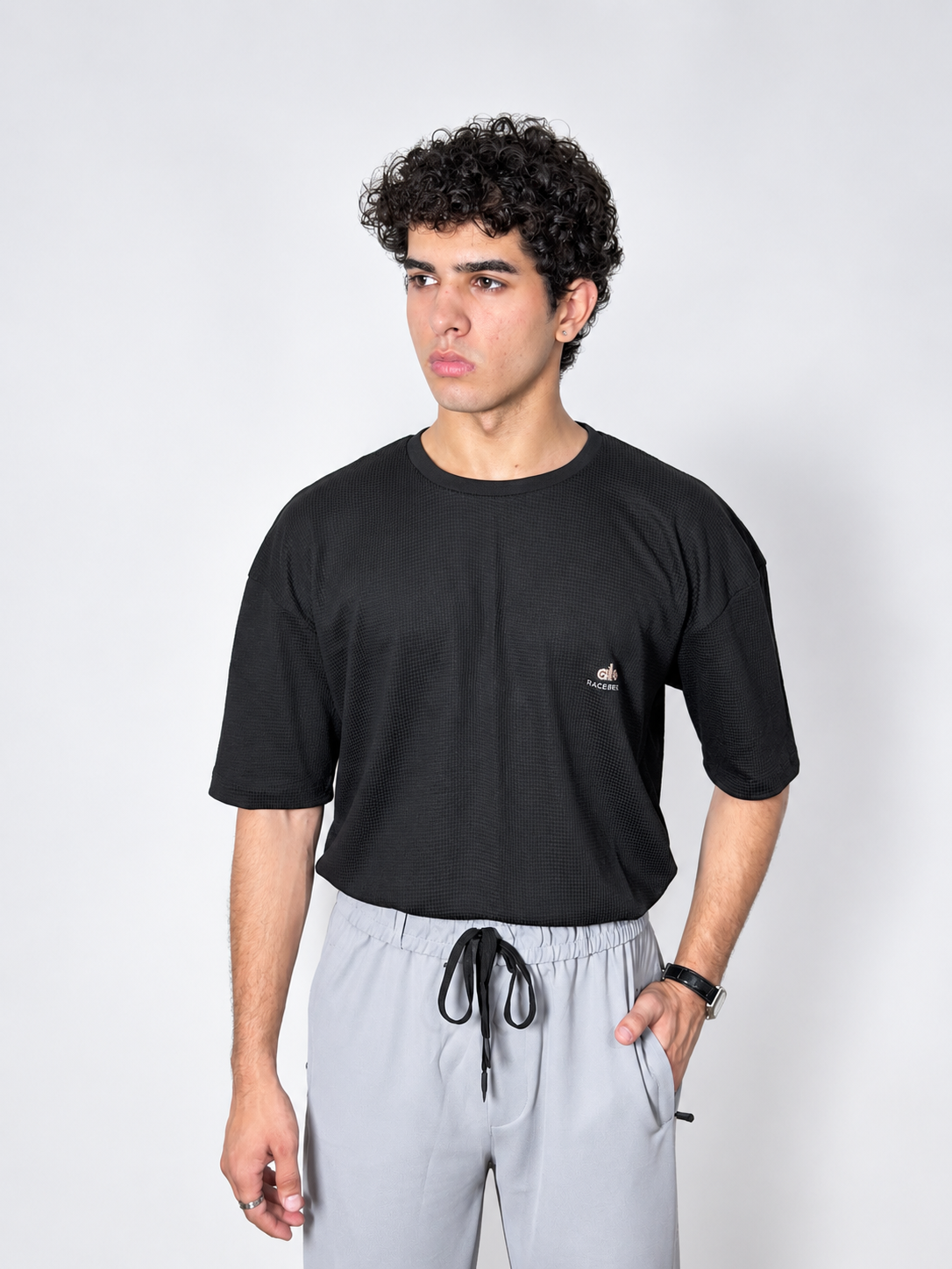 Men’s Textured Oversized Knitted Waffle T-Shirt – Black