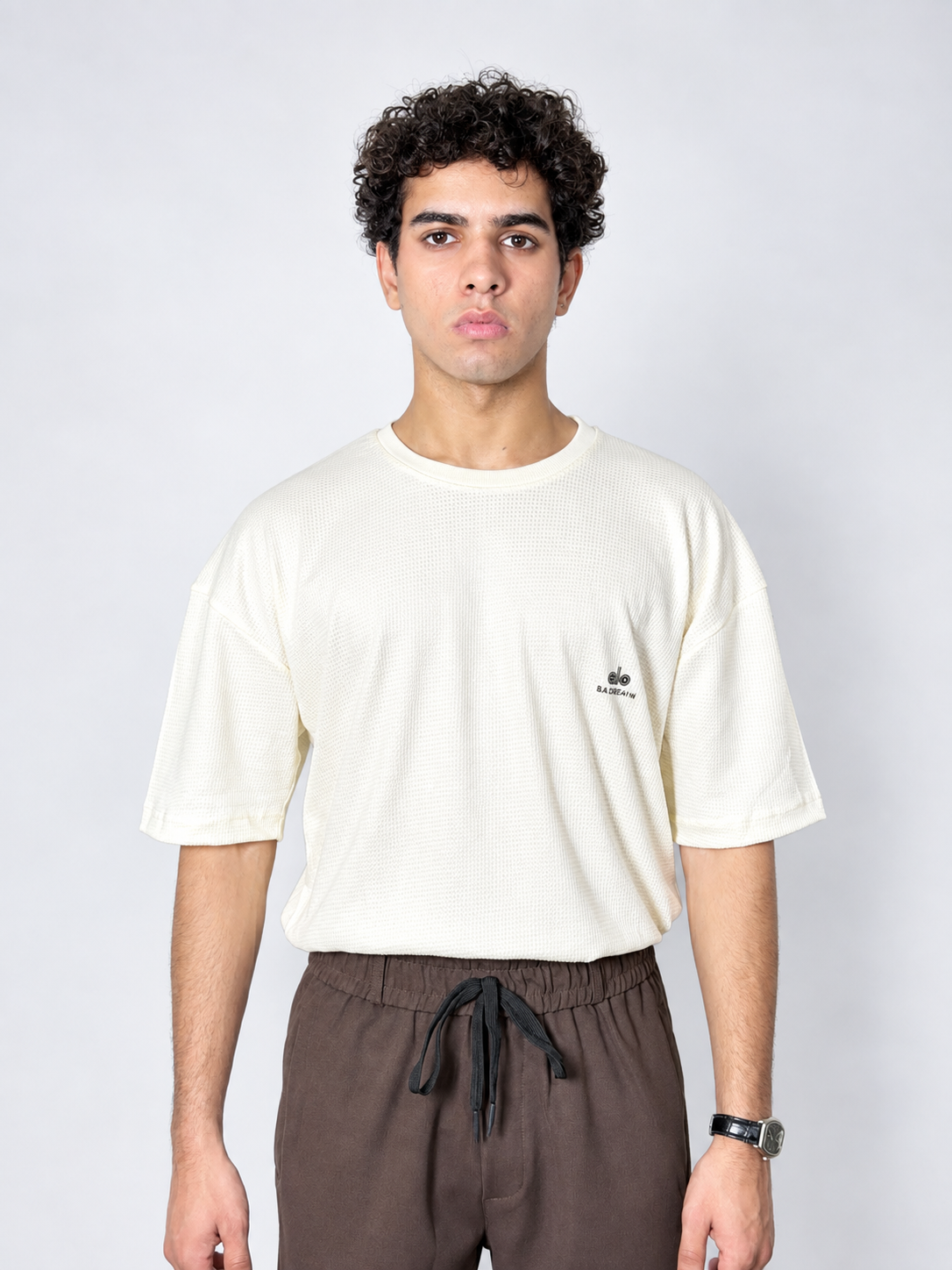 Men’s Textured Oversized Knitted Waffle T-Shirt – Off-White