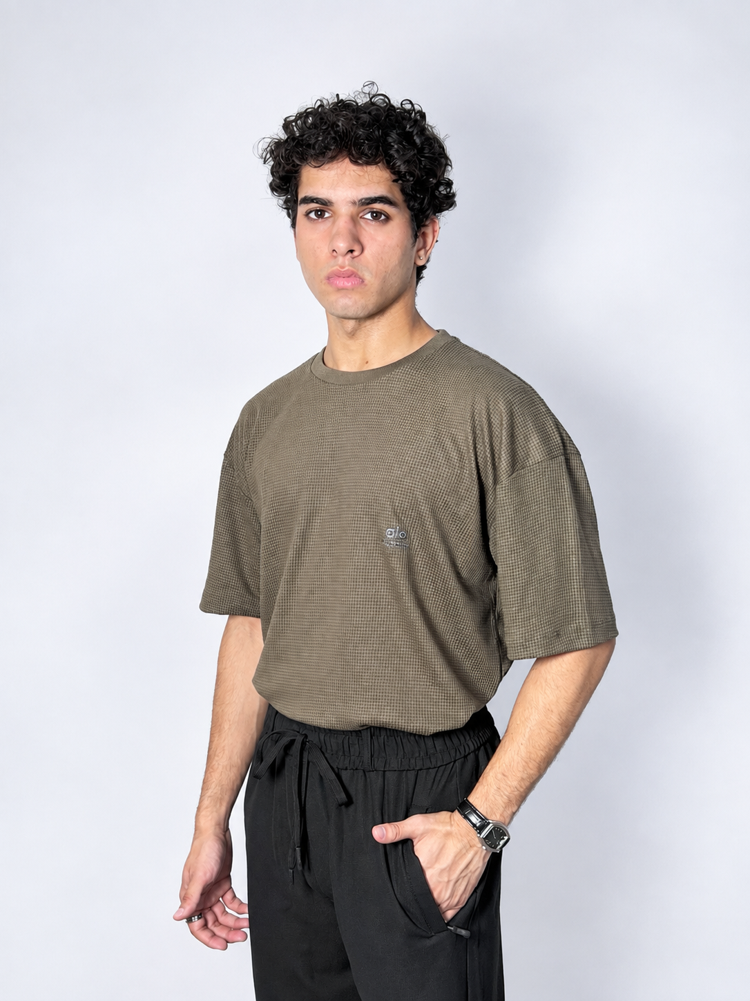 Men’s Textured Oversized Knitted Waffle T-Shirt – Olive Brown