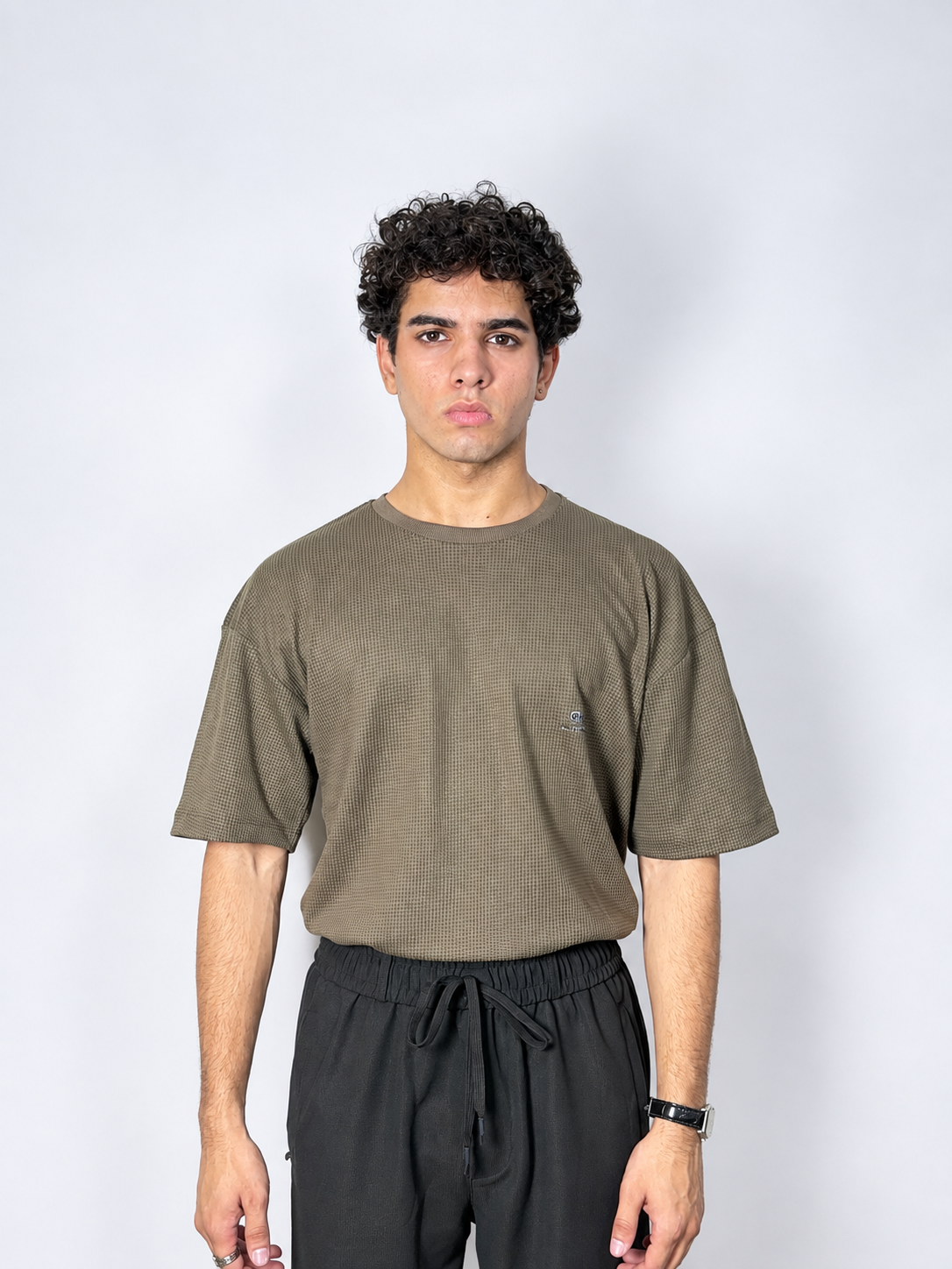 Men’s Textured Oversized Knitted Waffle T-Shirt – Olive Brown