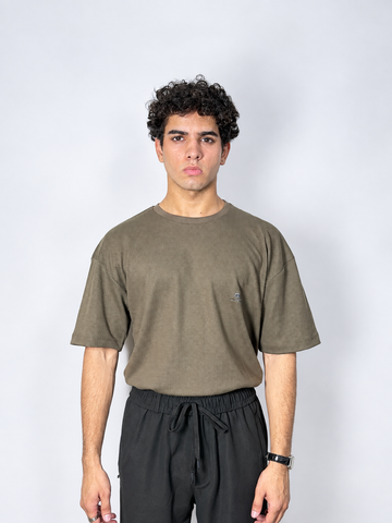Men’s Textured Oversized Knitted Waffle T-Shirt – Olive Brown