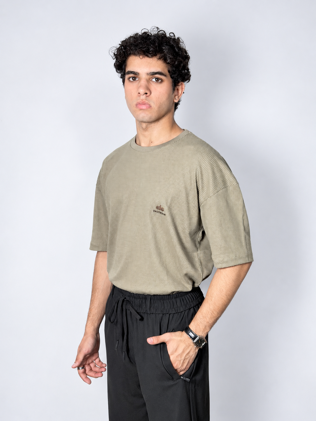 Men’s Textured Oversized Knitted Waffle T-Shirt – Sage Green