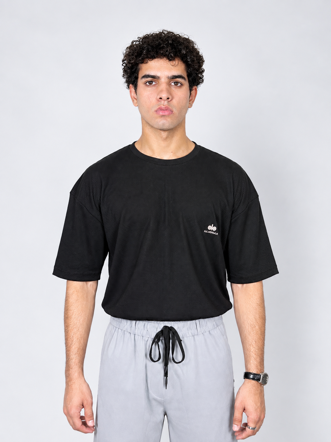 Men’s Textured Oversized Knitted Waffle T-Shirt – Black