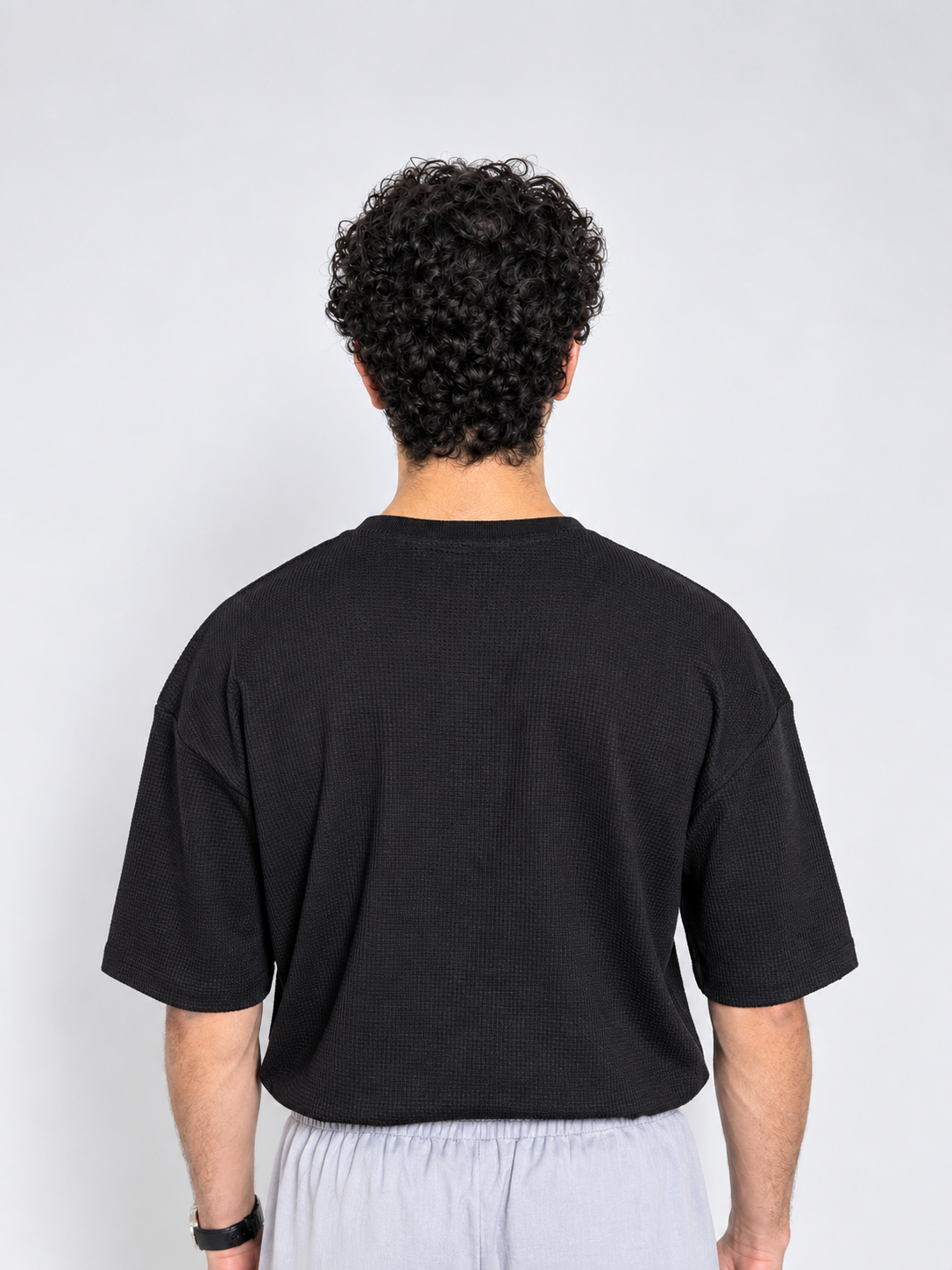 Men’s Textured Oversized Knitted Waffle T-Shirt – Black