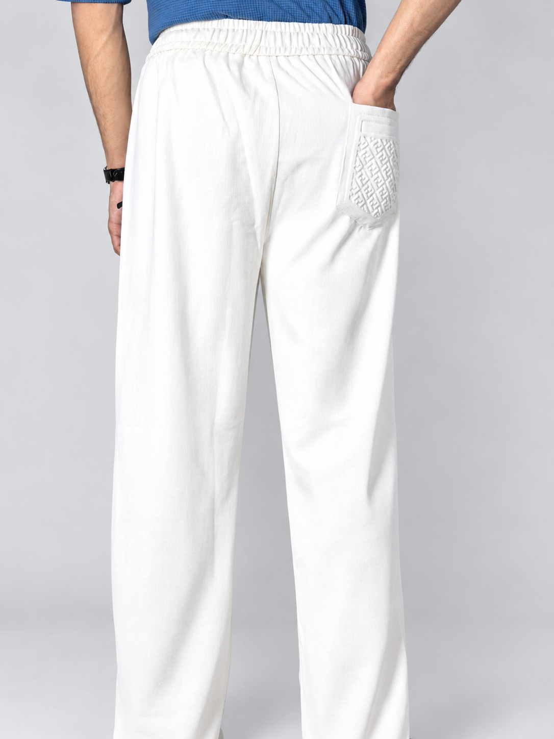 Men’s White Relaxed-Fit Knitted Waffle Trouser – Textured Pocket Detail