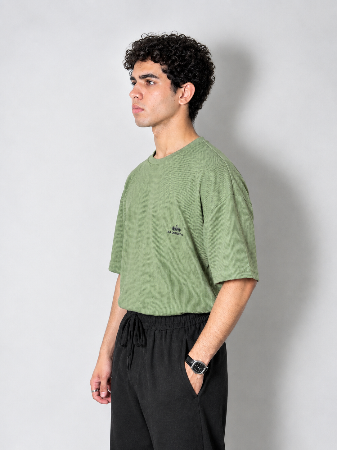 Men’s Textured Oversized Knitted Waffle T-Shirt – Green