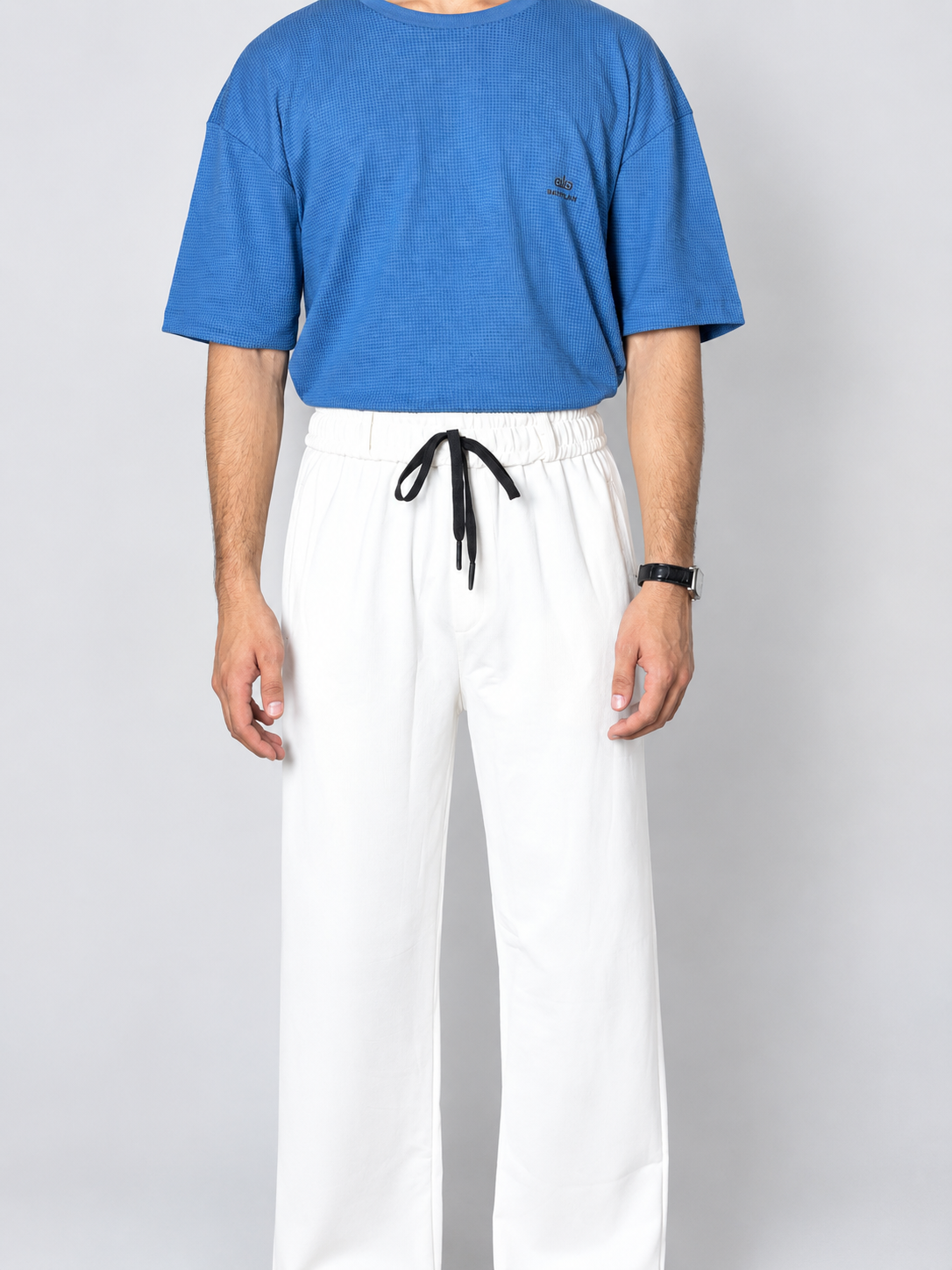Men’s White Relaxed-Fit Knitted Waffle Trouser – Textured Pocket Detail