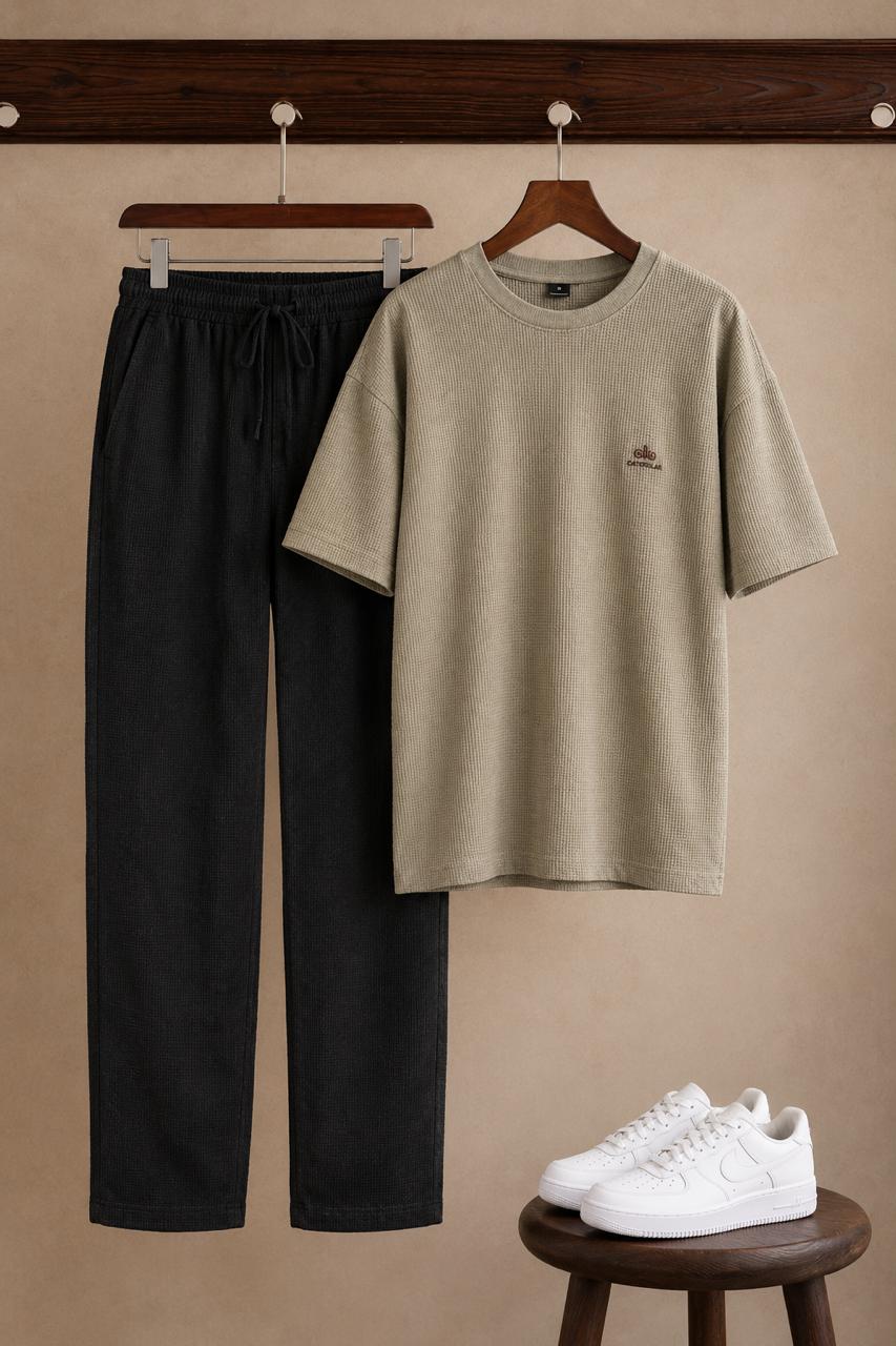Men’s Knitted Waffle Co-Ord Set –Drop Shoulder T-Shirt & Wide-Leg Trouser