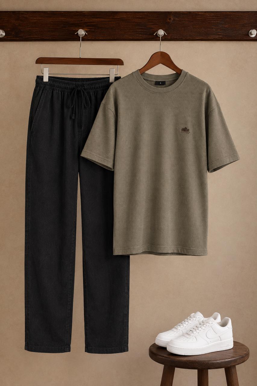 Men’s Knitted Waffle Co-Ord Set –Drop Shoulder T-Shirt & Wide-Leg Trouser