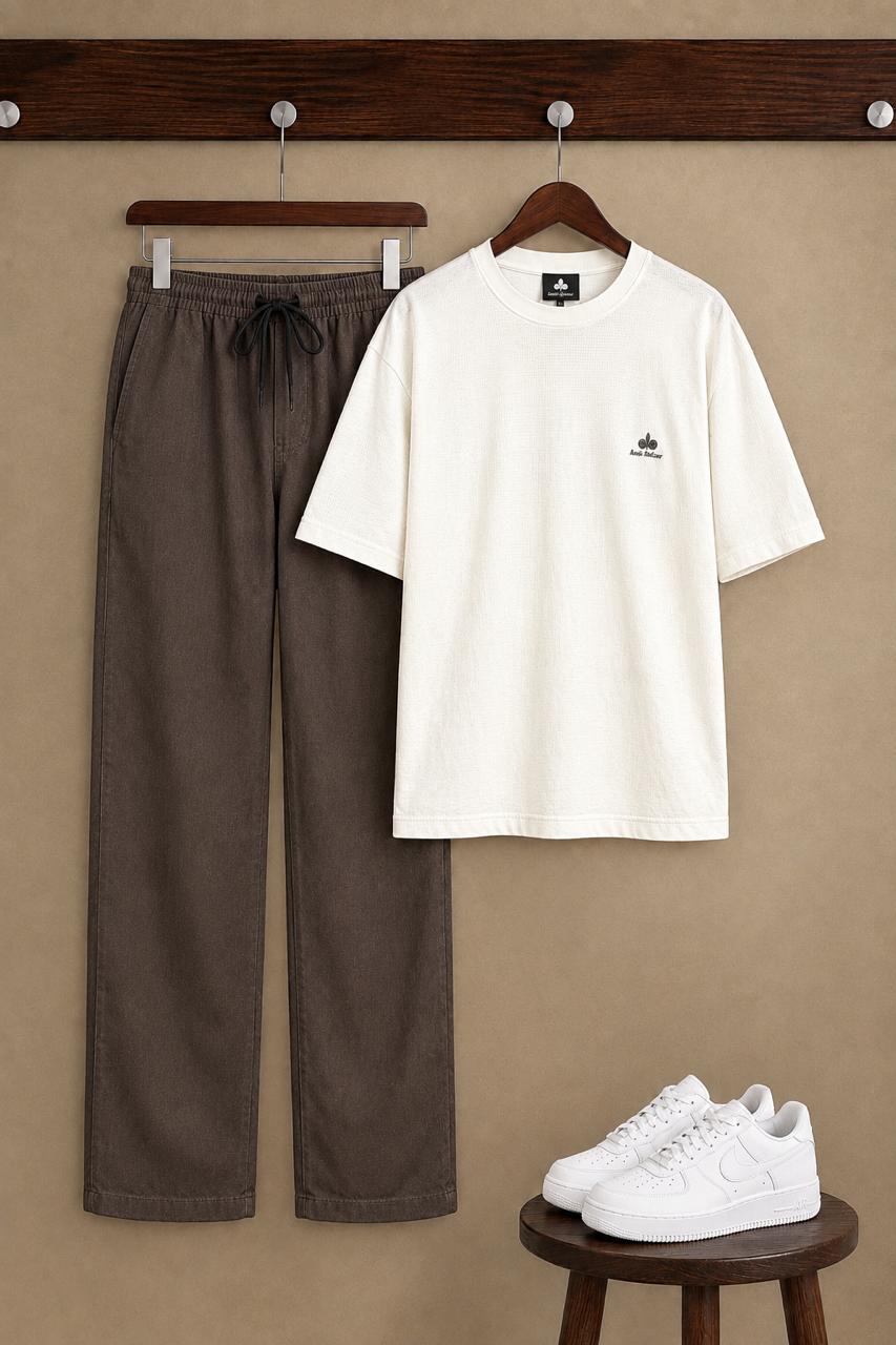 Men’s Knitted Waffle Co-Ord Set –Drop Shoulder T-Shirt & Wide-Leg Trouser