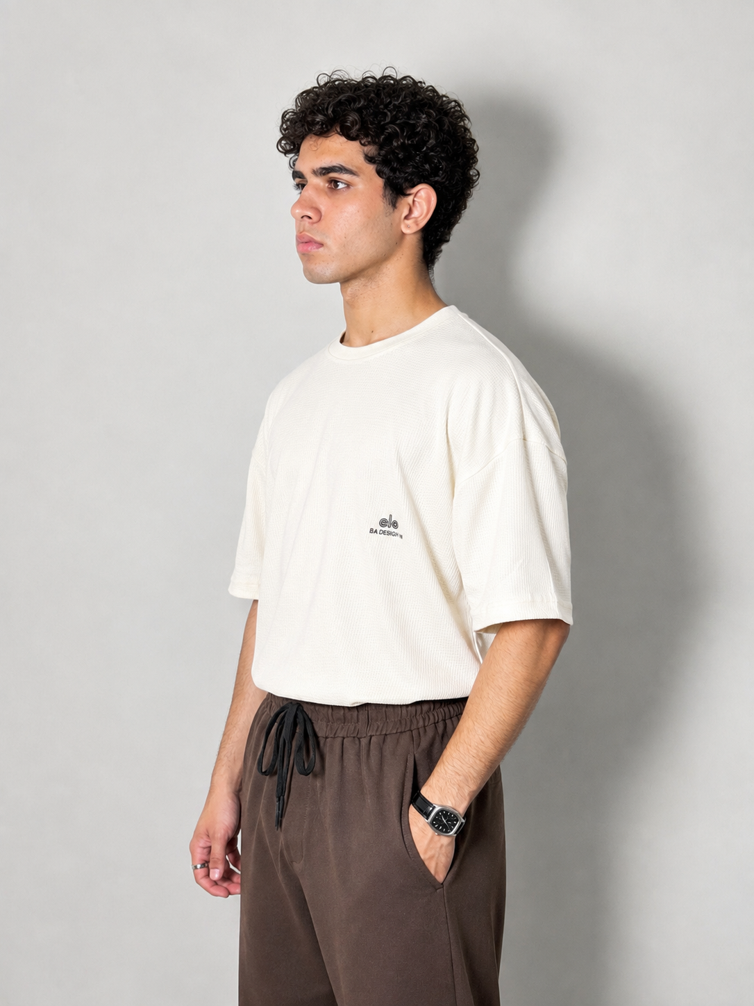 Men’s Textured Oversized Knitted Waffle T-Shirt – Off-White